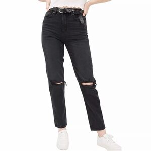 American Eagle Outfitters Black Distressed Mom Straight Jeans